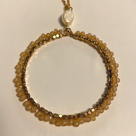 Long Gold Plated Chain W/Round Faceted Crystal and Pearl Pendant - NEW - Picture 4 of 4